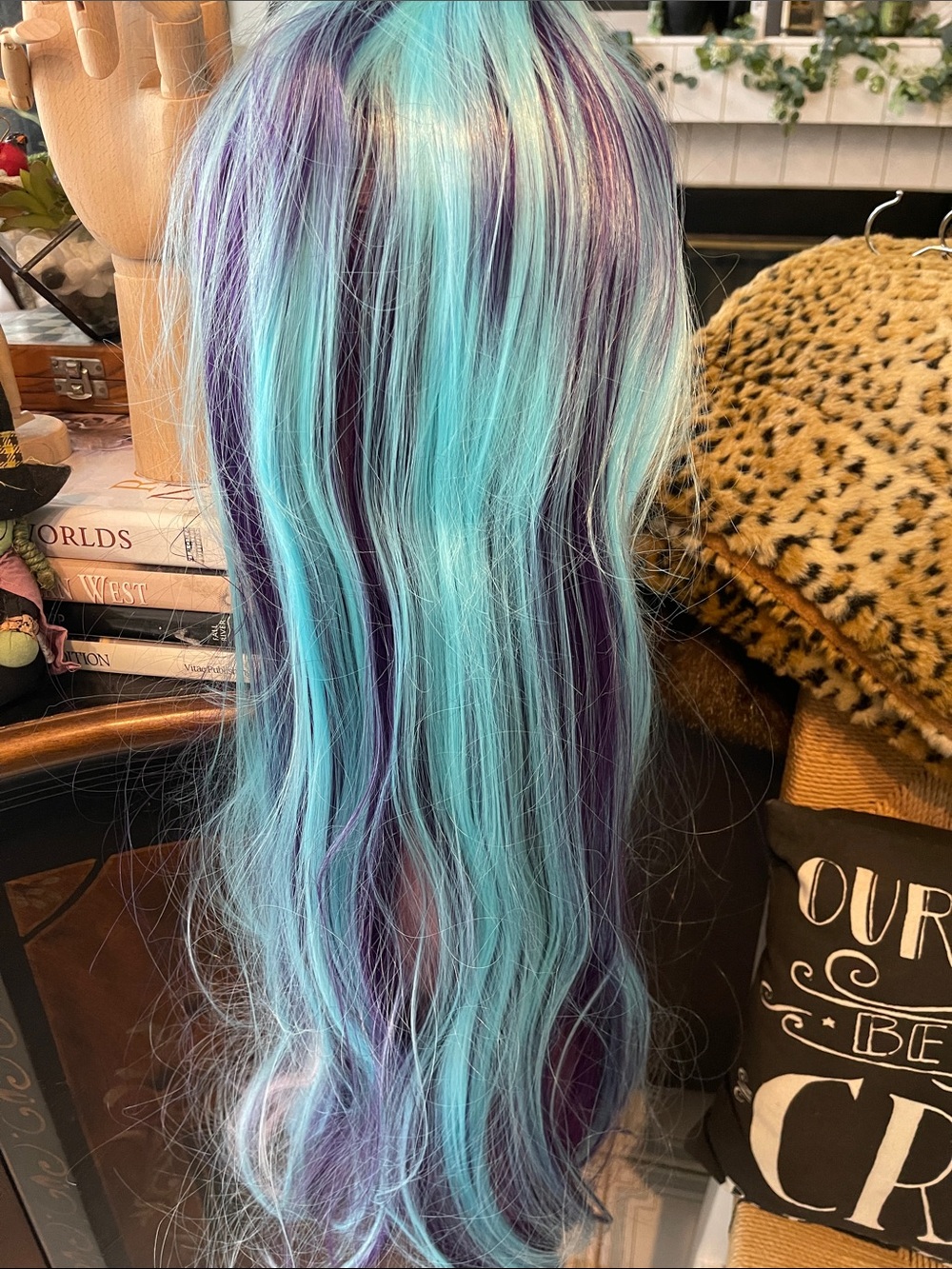 Long Wavy Synthetic Wig in Aqua Blue and Purple - Unbranded